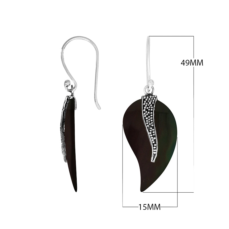“Wholesale black shell leaf earrings with sterling silver wave accent – handcrafted Bali dangle jewelry”