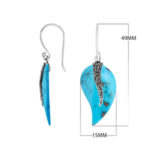 “Wholesale turquoise shell leaf earrings with sterling silver dotted wave accent – handcrafted Bali gemstone dangle jewelry”