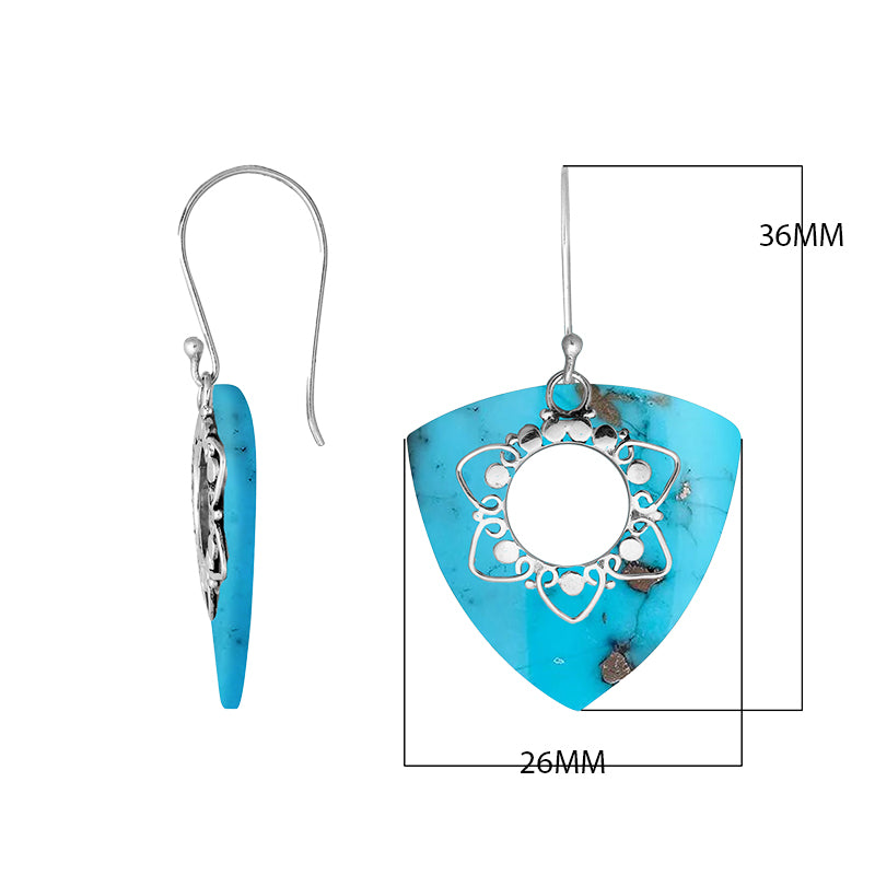 “Wholesale sterling silver triangle earrings with Turquoise Shell, handcrafted Bali jewelry with floral filigree for bulk orders”