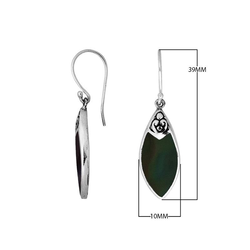 Wholesale sterling silver marquise earrings with shimmering black shell inlay and Balinese scroll detailing, handcrafted in Bali