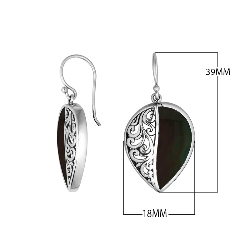 Sterling silver teardrop earrings with Black Shell and Balinese scrollwork design.