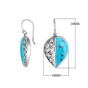 Sterling silver teardrop earrings with Turquoise Shell and Balinese scrollwork design.