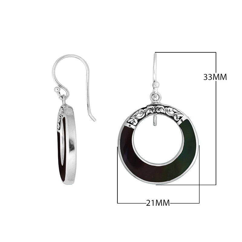 Sterling silver Black Shell round drop earrings with earwire lock