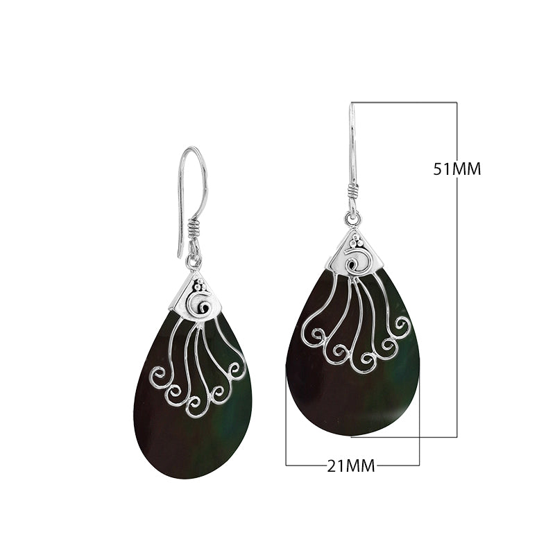 Sterling silver Black Shell long teardrop earrings with earwire lock