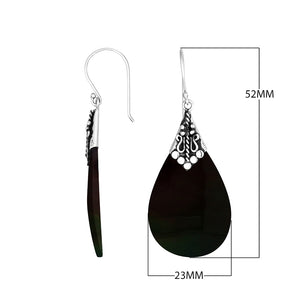 Black Shell teardrop silver earrings with ornate detailing