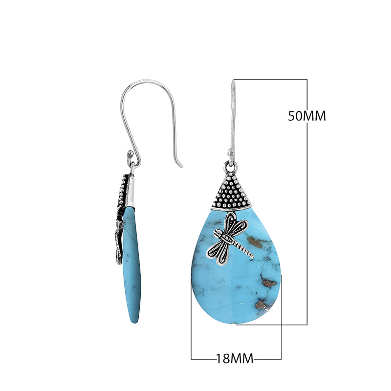 Turquoise Shell Dragonfly Drop Earrings With Earwire In Sterling Silver