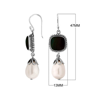 Silver Earrings With Black Shell Cushion Top And Pearl Drop