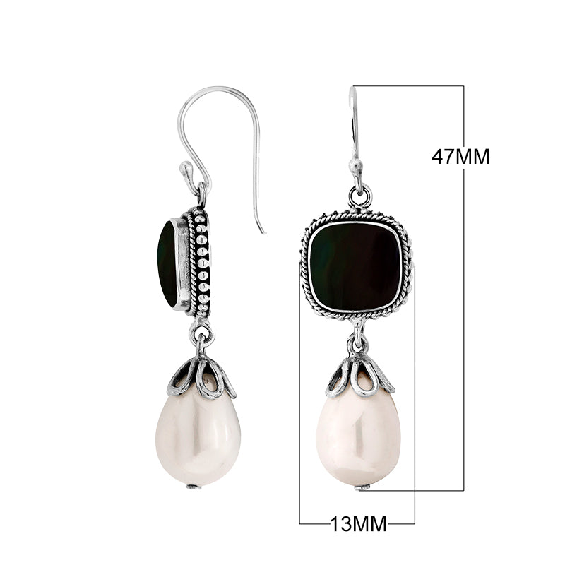 Silver Earrings With Black Shell Cushion Top And Pearl Drop