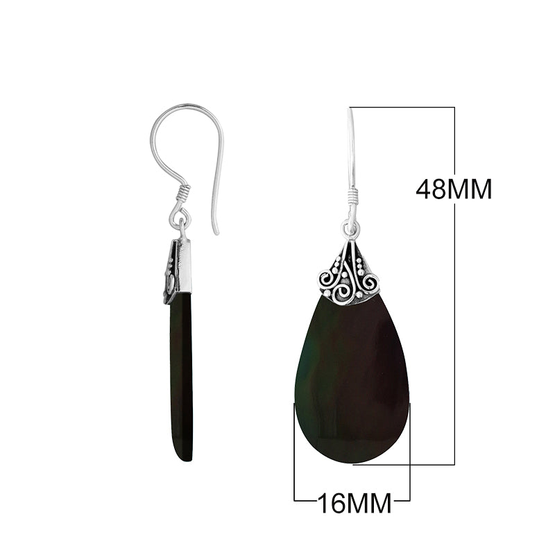 Black Shell Silver Teardrop Earrings With Filigree Cap