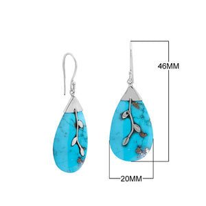 Turquoise shell leaf design silver dangle earrings