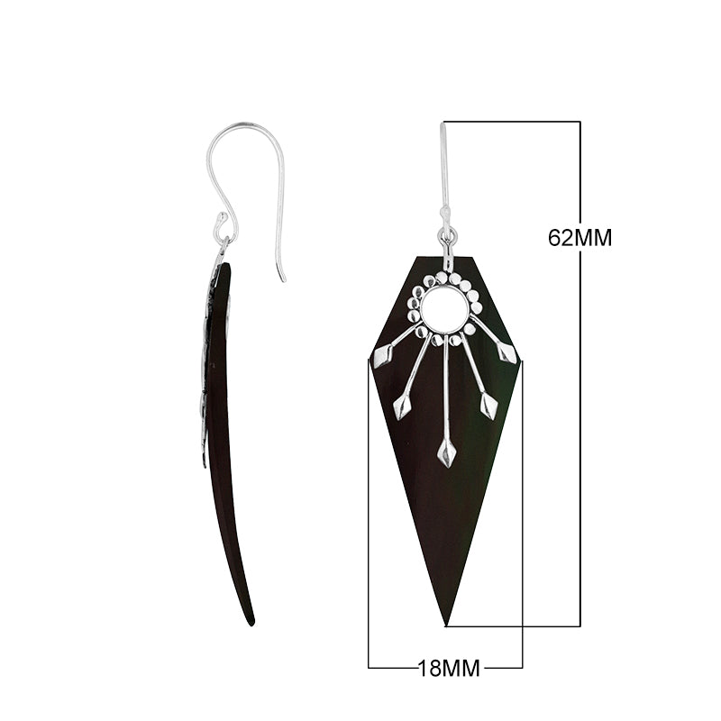 Black Shell silver sunburst shield earrings with earwire