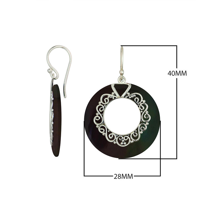 925 Sterling Silver Black Shell Filigree Round Earrings