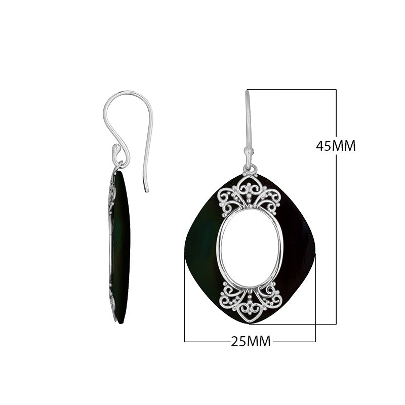 925 Sterling Silver Black Shell Cushion Filigree Earrings