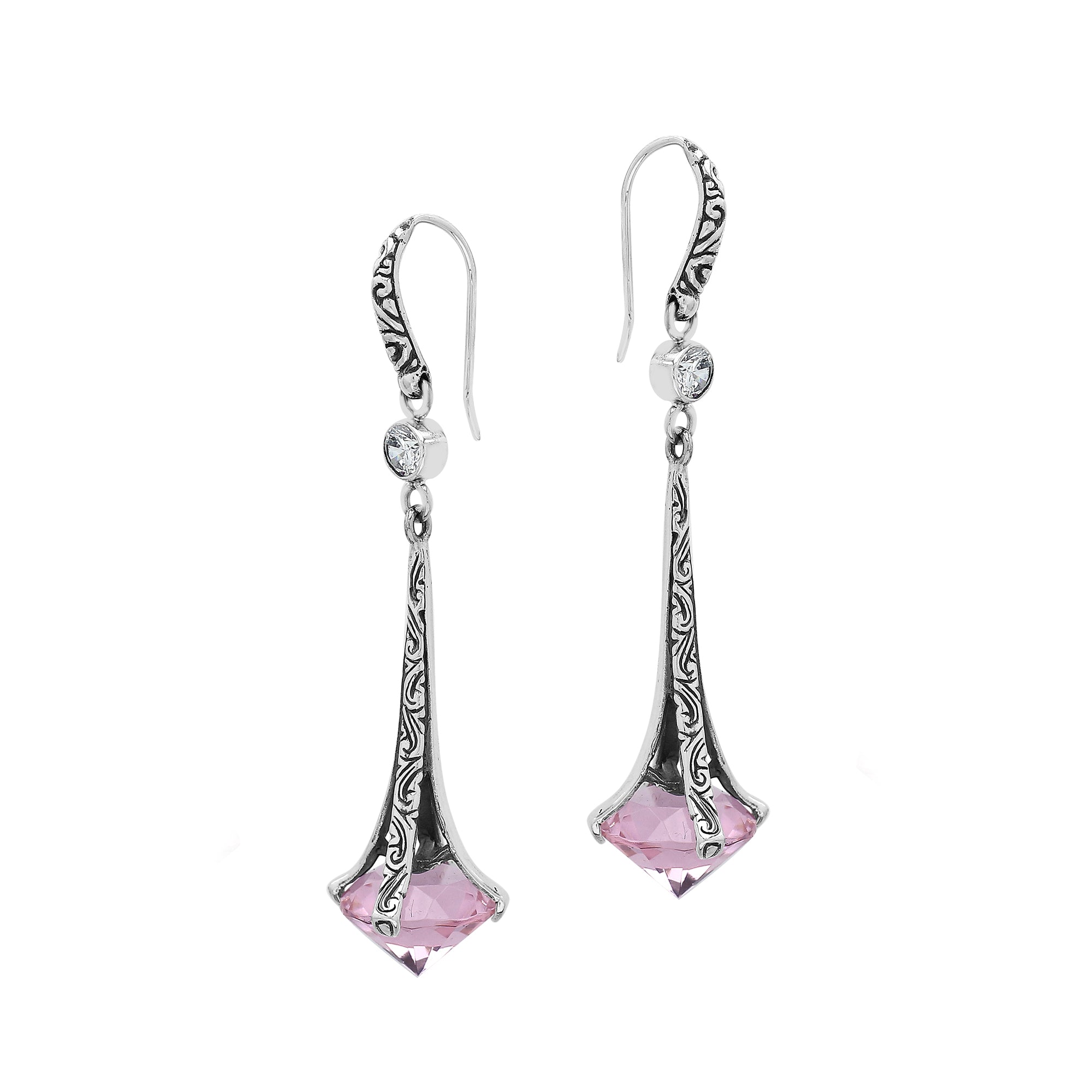 AE-1175-PQ Sterling Silver Pink Quartz Drop Earrings With Engraved Classic Styling For Catalogs