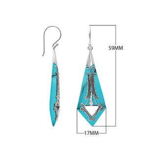 Silver elongated earrings with Turquoise Shell and ornate scroll detailing
