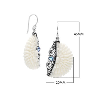 Sterling silver floral carved bone earrings with Blue Topaz quartz and earwire lock