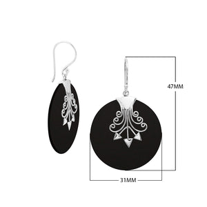 Sterling silver round Black Shell dangle earrings