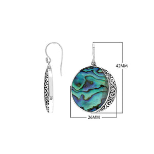 Round Abalone Shell Silver Earrings With Filigree Border