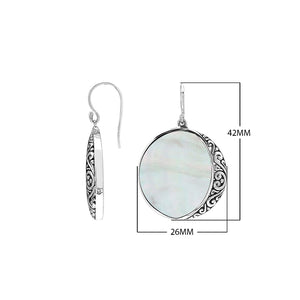 Round Abalone Shell Silver Earrings With Filigree Border