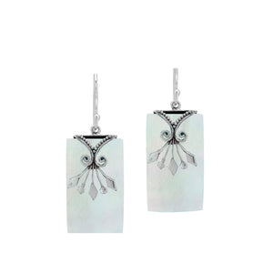 Mother of Pearl rectangular silver earrings with leaf scroll design
