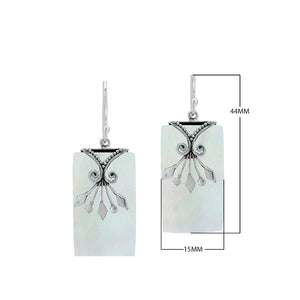 Turquoise Shell rectangular silver earrings with leaf scroll design