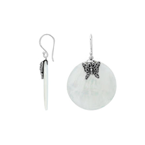 Mother Of Pearl round silver earrings with butterfly design