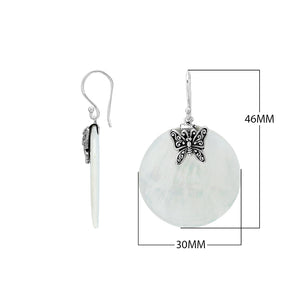 Mother Of Pearl round silver earrings with butterfly design
