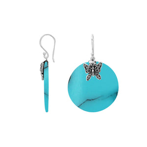 Turquoise Shell round silver earrings with butterfly design