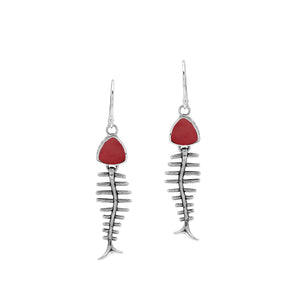 Red Coral silver fishbone earrings with artistic design