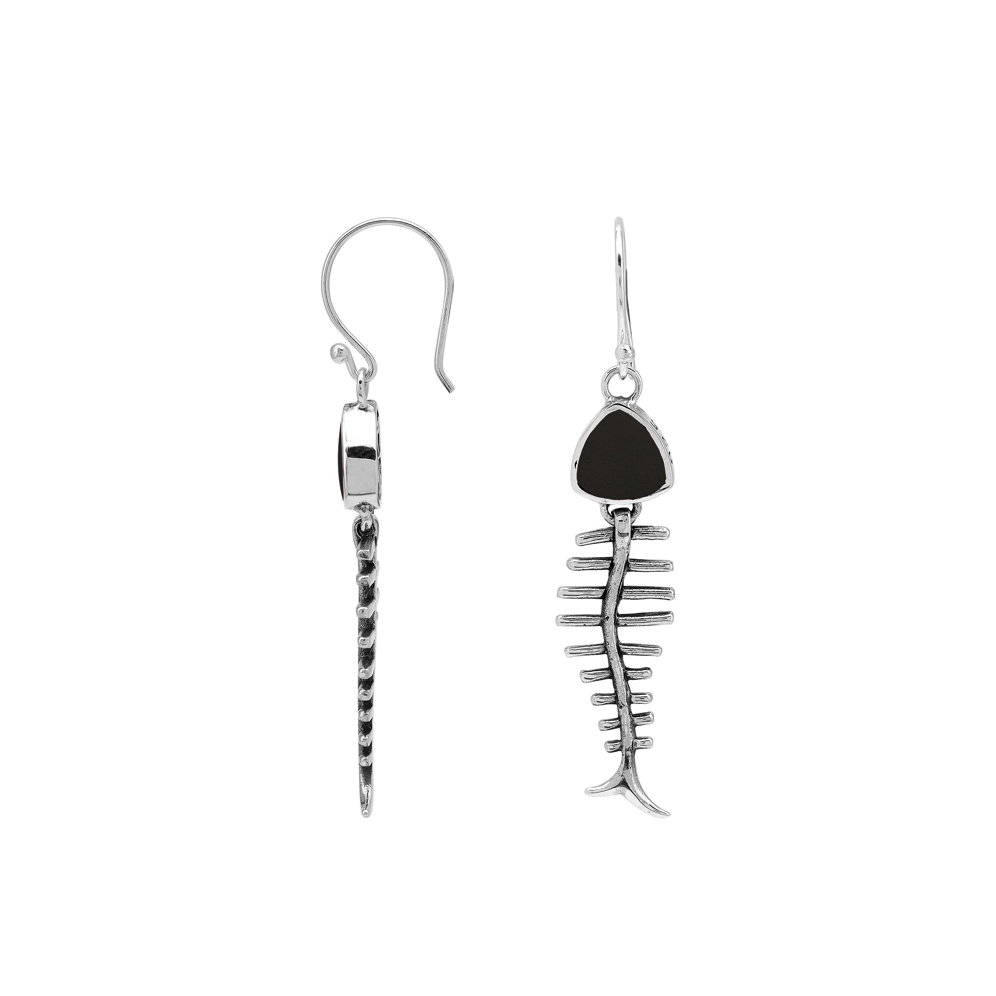 Black Shell silver fishbone earrings with artistic design