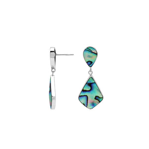 Sterling silver abalone shell geometric drop earrings with modern artisan styling.