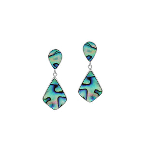 Sterling silver abalone shell geometric drop earrings with modern artisan styling.
