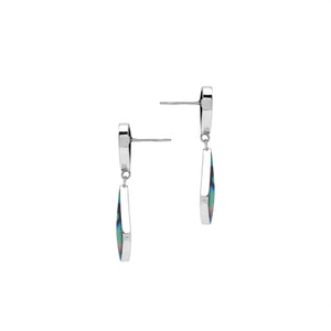 Sterling silver abalone shell geometric drop earrings with modern artisan styling.