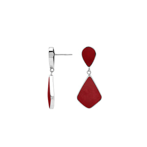 Sterling silver Red Coral geometric drop earrings with modern artisan styling.