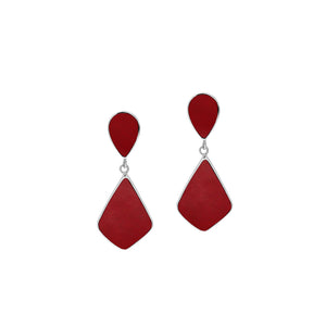 Sterling silver Red Coral geometric drop earrings with modern artisan styling.