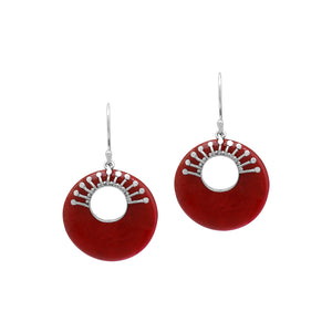 Sterling Silver Red Coral Round Hoop Drop Earrings