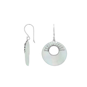 Sterling Silver Mother Of Pearl Round Hoop Drop Earrings