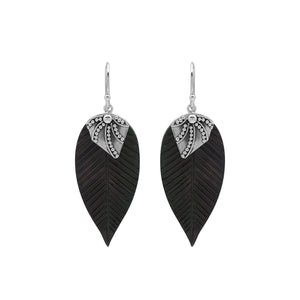Sterling Silver Black Shell Leaf Dangle Earrings Handcrafted In Bali