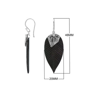 Sterling Silver Black Shell Leaf Dangle Earrings Handcrafted In Bali