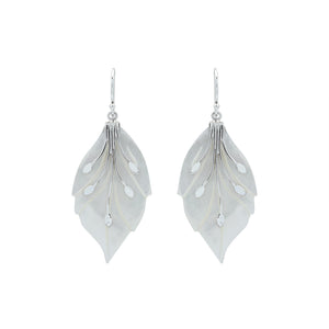 Sterling silver mother of pearl leaf earrings with carved detailing and polished finish