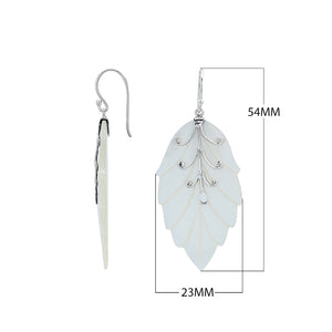 Sterling silver mother of pearl carved leaf drop earrings with polished silver detailing and handcrafted shell design.