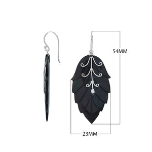 Sterling silver black shell carved leaf drop earrings with polished silver vine detailing and handcrafted dark shell finish.
