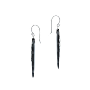 Sterling silver black shell carved leaf drop earrings with polished silver vine detailing and handcrafted dark shell finish.