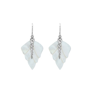 Sterling silver mother of pearl carved leaf drop earrings with polished silver bead detailing and handcrafted shell design.