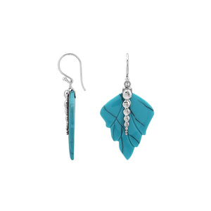 Sterling silver turquoise shell carved leaf drop earrings with polished silver bead detailing and handcrafted shell finish.