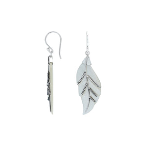 Sterling silver mother of pearl carved leaf earrings pair with polished finish