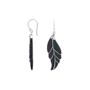 Sterling silver black shell carved leaf earrings pair with polished finish