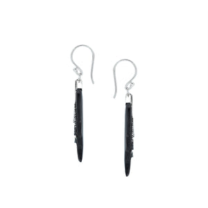 Sterling silver black shell carved leaf earrings pair with polished finish