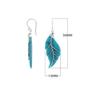 Sterling silver turquoise shell carved leaf earrings pair with polished finish