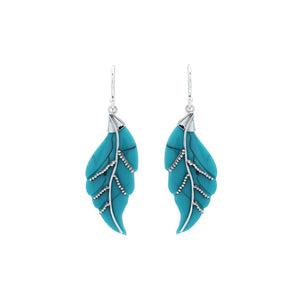 Sterling silver turquoise shell carved leaf earrings pair with polished finish